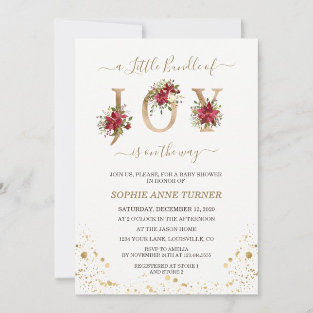 Convite Um Pouco De Joy Poinsettia Dourada Chá de fraldas (Frente)