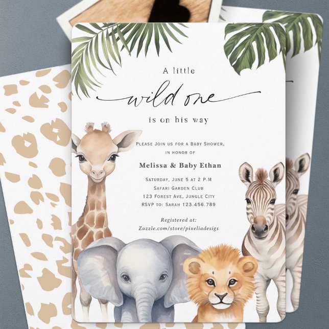 Convite Um Pouco Selvagem, Chá De Bebê De Animais Safari (Wild One Safari Baby Animals, Baby Boy Shower. A wild One is on Her way, A Cute Baby Shower invite.)