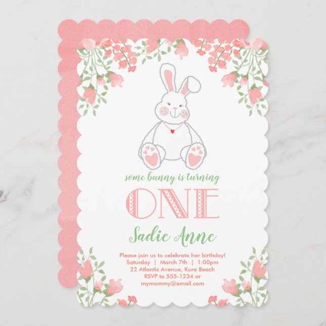 Convite Um primeiro aniversario Cor de Água Nervosa Rosa (Frente/Verso)