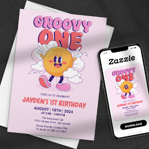 Convite Um Primeiro Aniversário Cor-de-Rosa Groovy Retro