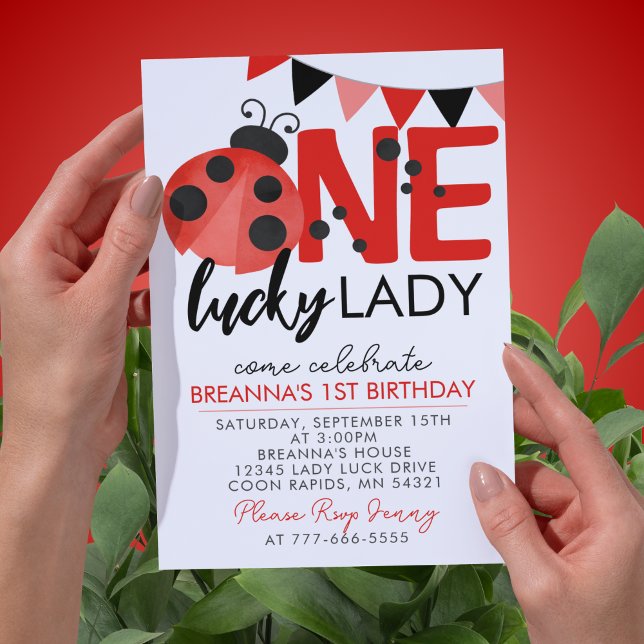 Convite Um primeiro aniversario da Lady Watercolor Ladybug (White One Lucky Lady Watercolor Ladybug 1st Birthday Party Invitations)