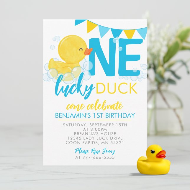 Convite Um primeiro aniversario de Borracha de Água de Pat (Watercolor One Lucky Duck Birthday Invitations. Available Printed or Digital Download)