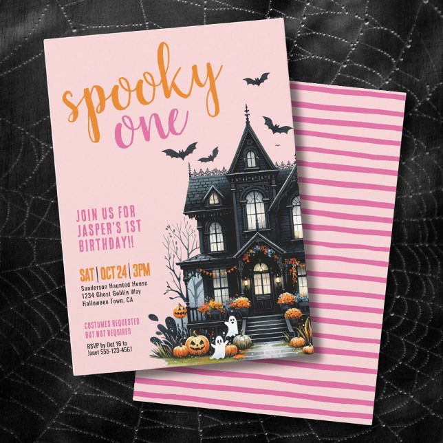 Convite Um primeiro aniversario de Dia das Bruxas Rosa Spo (Pink Spooky One Halloween 1st Birthday Invitation)