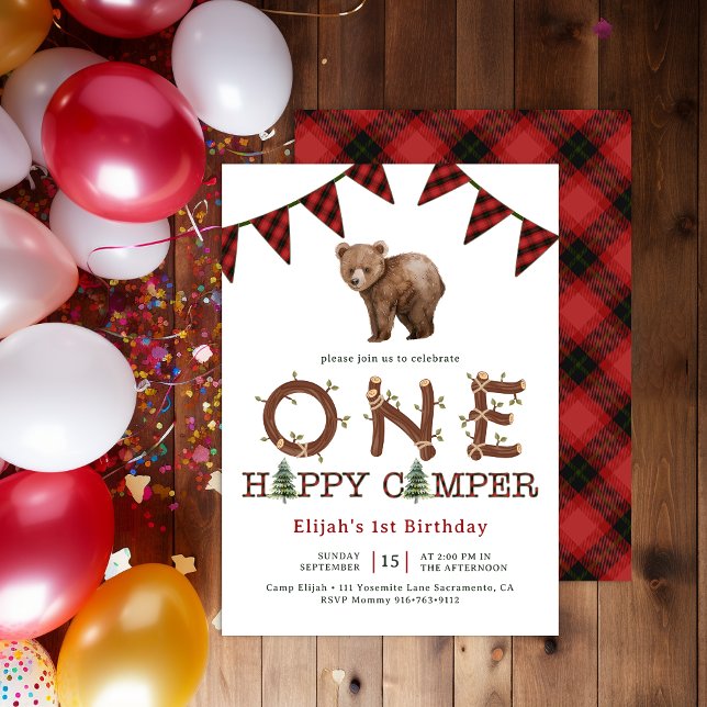 Convite Um primeiro aniversario de Feliz Camper Forest Boy (One Happy Camper Birthday Invite)