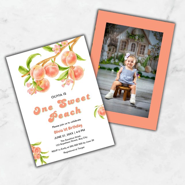 Convite Um primeiro aniversario de Fotografia de Fruta Pea (One Sweet Peach Fruit Photo 1st Birthday Invitation )