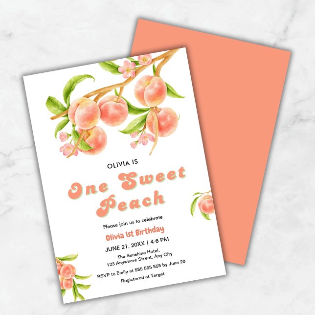 Convite Um primeiro aniversario de Fruta de pêssego doce (One Sweet Peach Fruit 1st Birthday Invitation )