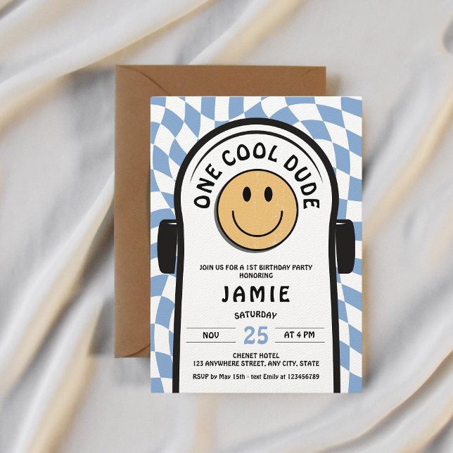 Convite Um primeiro aniversario de skate retrô Legal (One cool dude 1st birthday skateboard invitation)