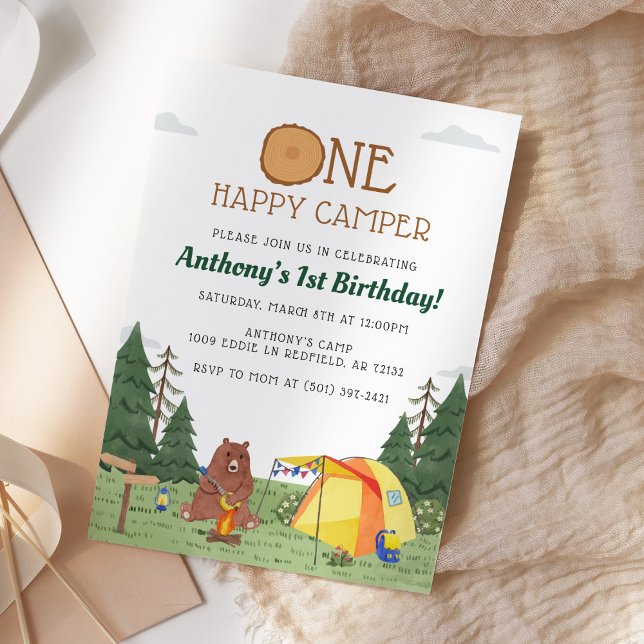 Convite Um primeiro aniversario Feliz Camper Camper Campin (Criador carregado)