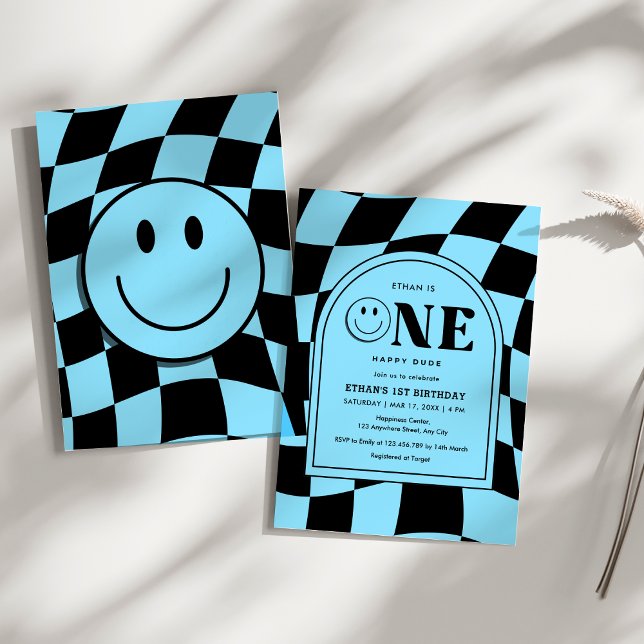 Convite Um primeiro aniversario Feliz Cara Azul (One Happy Dude Happy Face Blue Boy 1st Birthday Invitation )
