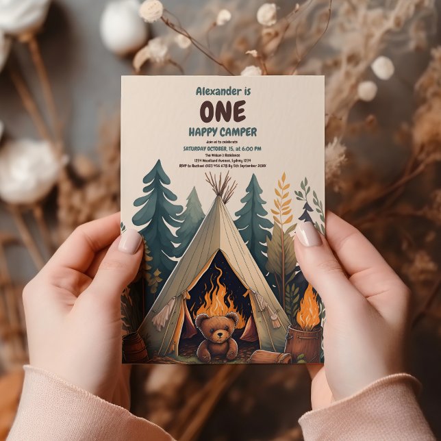 Convite Um primeiro aniversario Feliz de Madeira de Camper (Criador carregado)