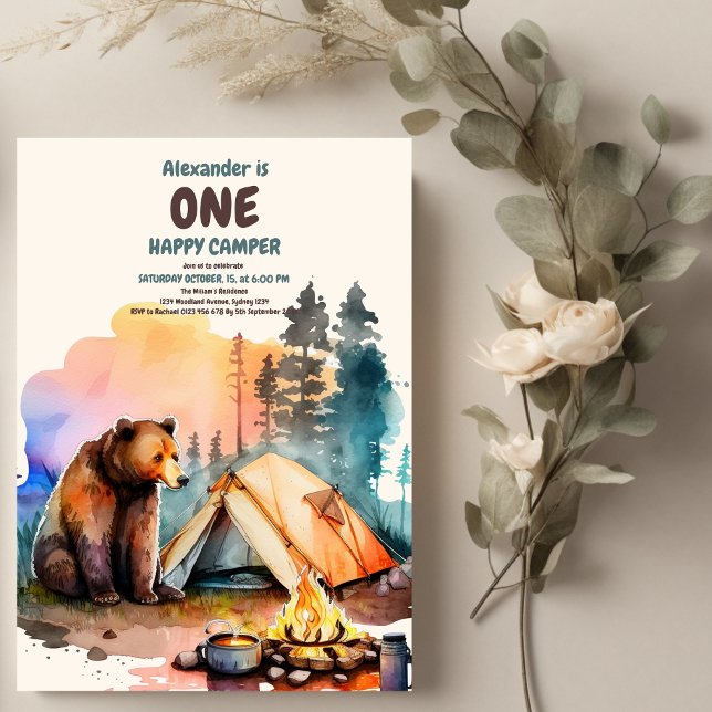 Convite Um primeiro aniversario Feliz de Madeira de Camper (Criador carregado)