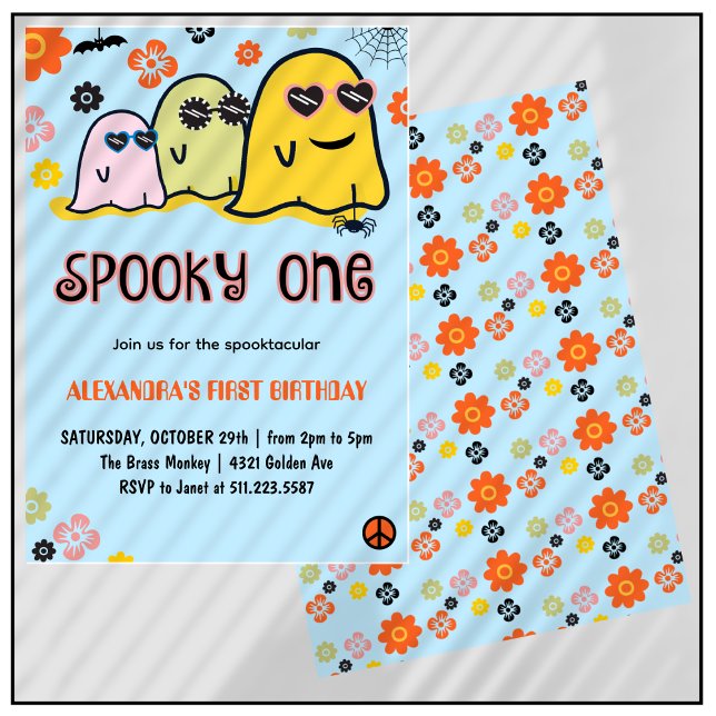 Convite Um primeiro aniversario Ghost Groovy Halloween (Halloween-1st-birthday-Invitation-Spooky one-Ghost-Groovy-blue-1)