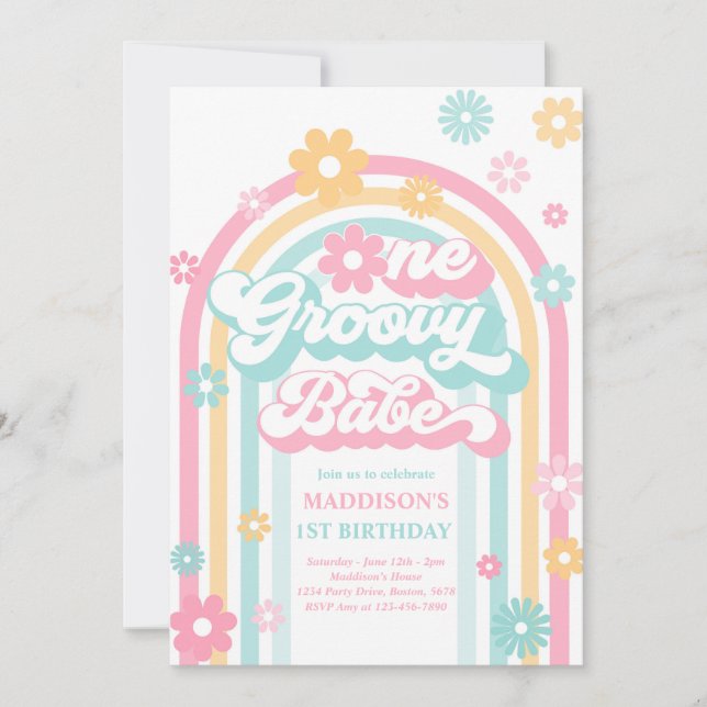 Convite Um primeiro aniversario Groovy Babe Boho Daisy Rai (Frente)
