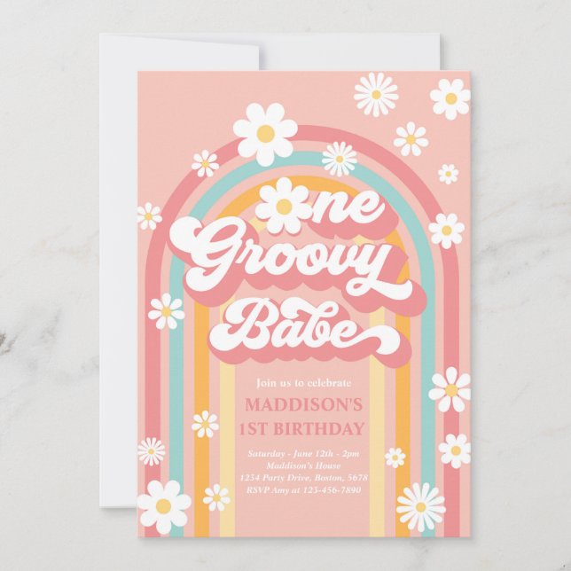 Convite Um primeiro aniversario Groovy Babe Boho Daisy Rai (Frente)