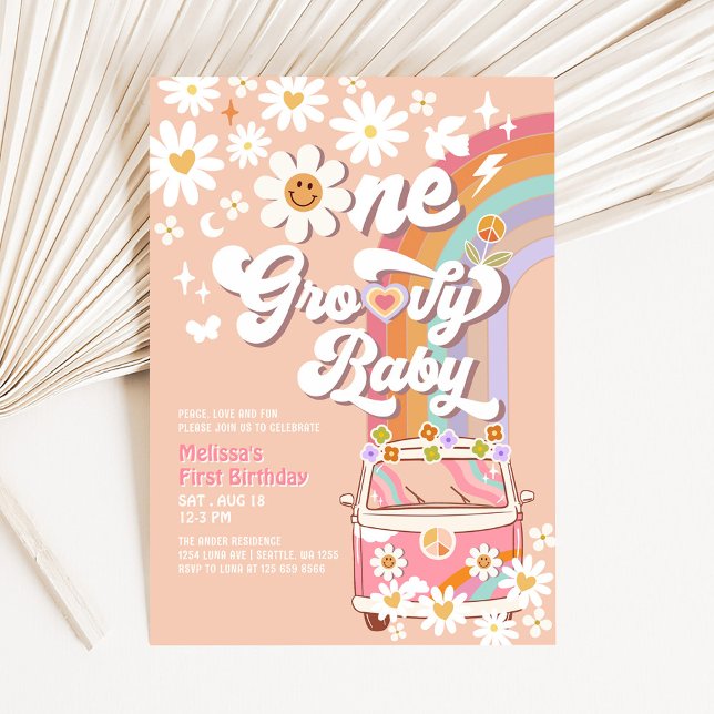 Convite Um primeiro aniversario Groovy Baby Daisy Rainbow (Criador carregado)