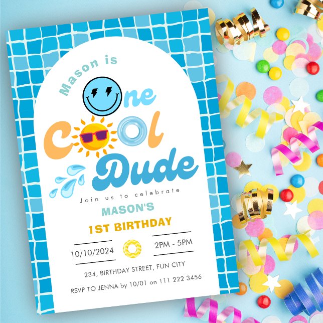 Convite Um primeiro aniversario Legal da Festa de Piscina  (One Cool Dude Summer Pool Party 1st Birthday Invitation)
