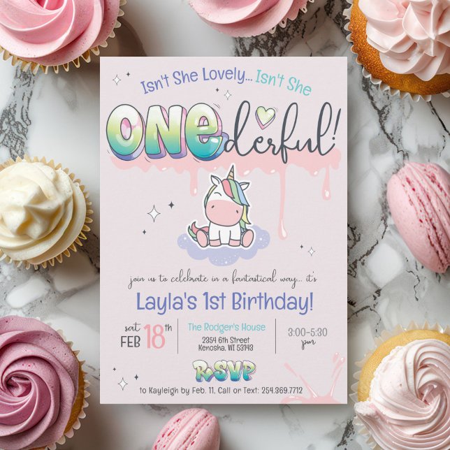 Convite UM primeiro aniversario Maravilhoso do Unicórn Rai (ONEderful cute girly kawaii unicorn rainbow pink purple graffiti magic girl birthday invitation)