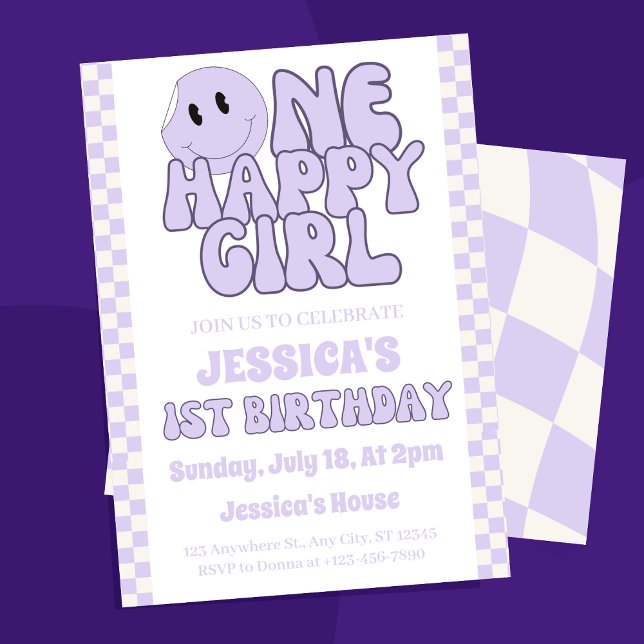 Convite Um primeiro aniversario Retro para Garota Feliz ("Light up your little one's special day with our 'One Happy Girl Retro 1st Birthday Invitation)