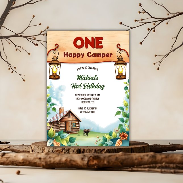 Convite Um primeiro aniversario Russo de Camper Feliz (One Happy Camper 1st Birthday Invitation – Rustic Woodland Party for Baby Boy)
