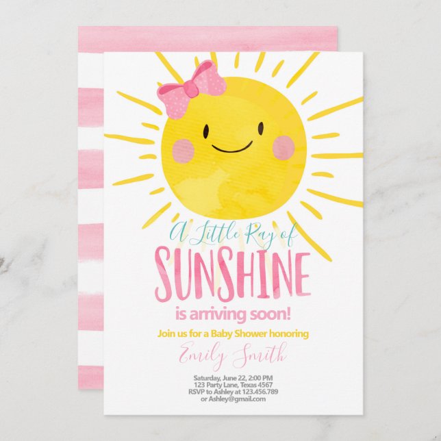 Convite Um Raio De Sol Pequena Chá de fraldas Rosa (Frente/Verso)