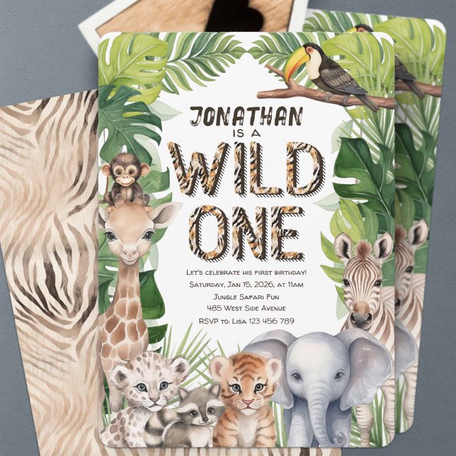 Convite Um rapaz selvagem primeiro aniversario da selva sa (Wild one, Safari Jungle animal, boy 1st birthday invitations.)