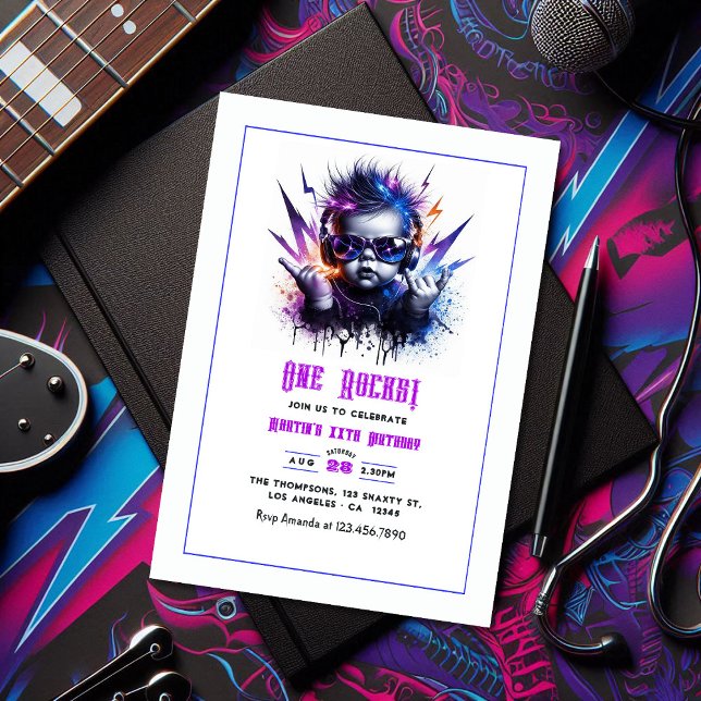 Convite Um Rochedo! Festa Rock On primeiro aniversario (One Rocks! Rock On 1st Birthday Party Invitation)