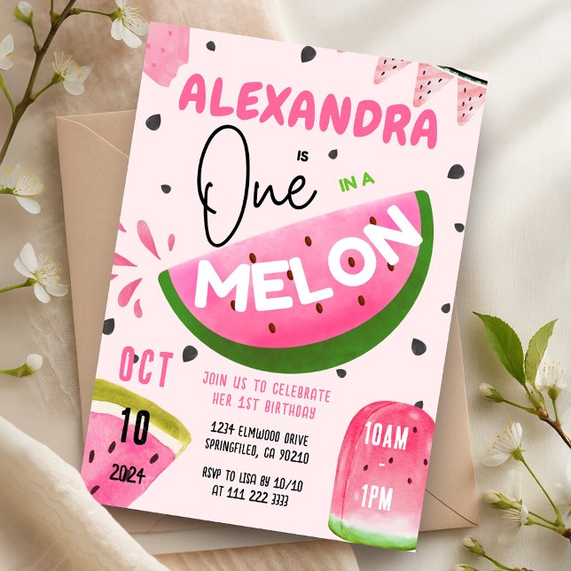 Convite Um rosa em uma garota melancia de melancia de mela (Pink One in A Melon 1st Watermelon Girl Birthday Invitation)