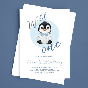 Convite Um Selvagem Bebê Pinguim Aniversário de 1 Ano