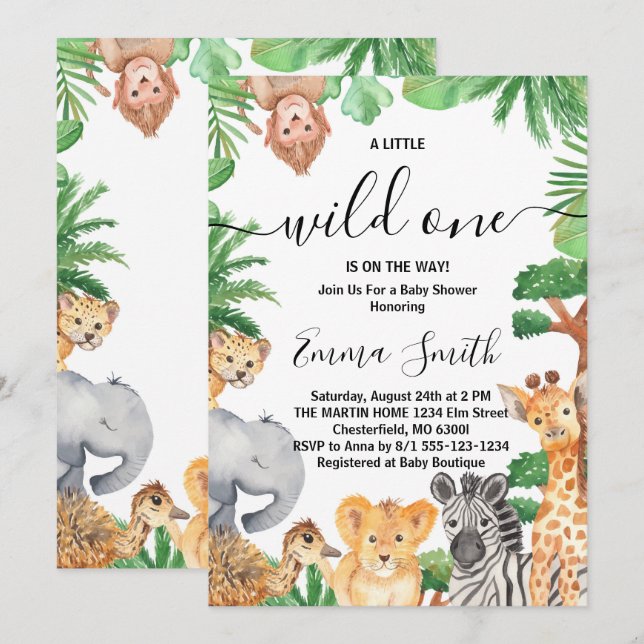 Convite Um Selvagem Safari da Selva Animais Chá de Bebê (Frente/Verso)