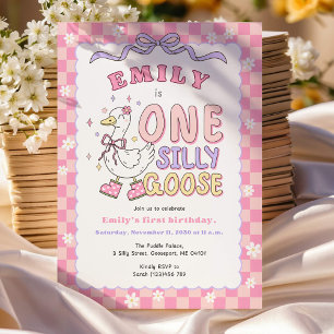 Convite Um Silly Goose Rosa - Menina Retro Primeiro Aniver