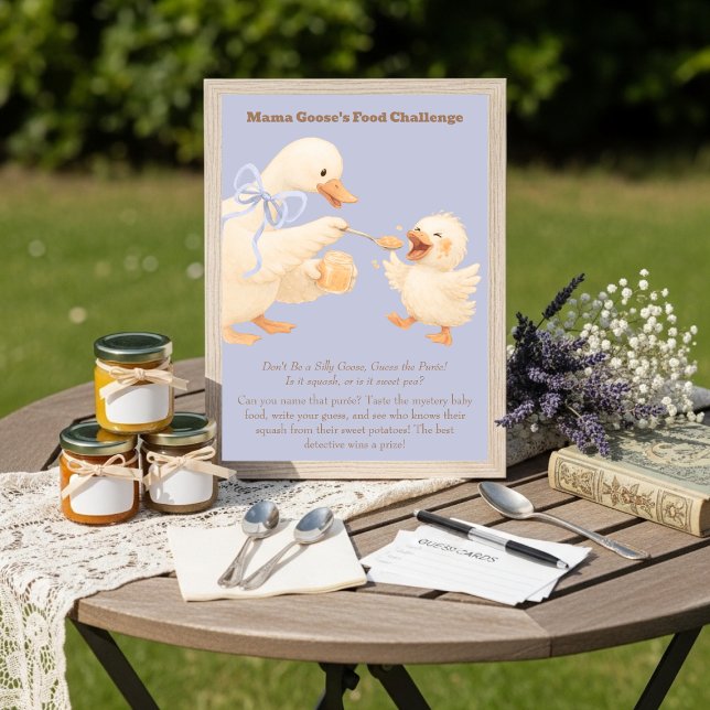 Convite Um Sinal de Jogo de Desafio de Comida para Bebê Az (A silly Goose Blue Baby Food Challenge Game Sign)