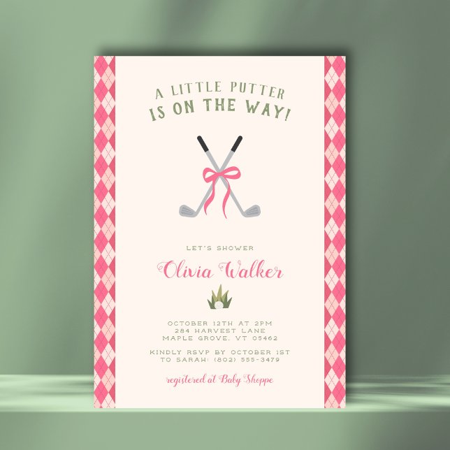 Convite Um Tema de Golfe Little Putter Pré-jovem Rosa Argy (Sweet golf theme with a girly twist. Preppy argyle back for extra charm.)