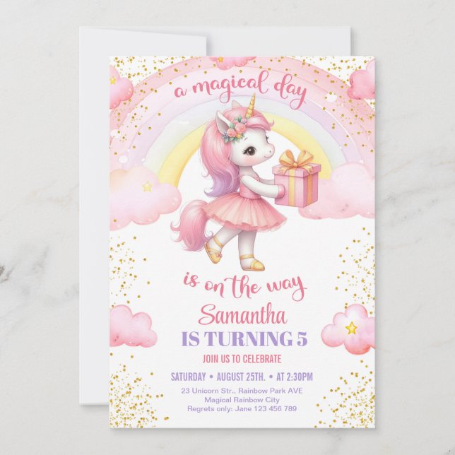 Convite Um unicórnio de aquarela cômoda com tutu vestido d (Frente)