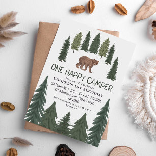 Convite Um Ursinho Feliz Acampador Floresta 1º Aniversário