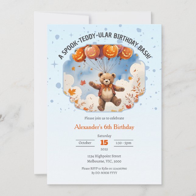 Convite Um Ursinho-Spook, Boys de Bacia de Aniversário (Frente)