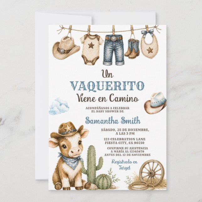 Convite Um Vaquerito Vem a Caminho Chuvinha de Bebê Espanh (Frente)