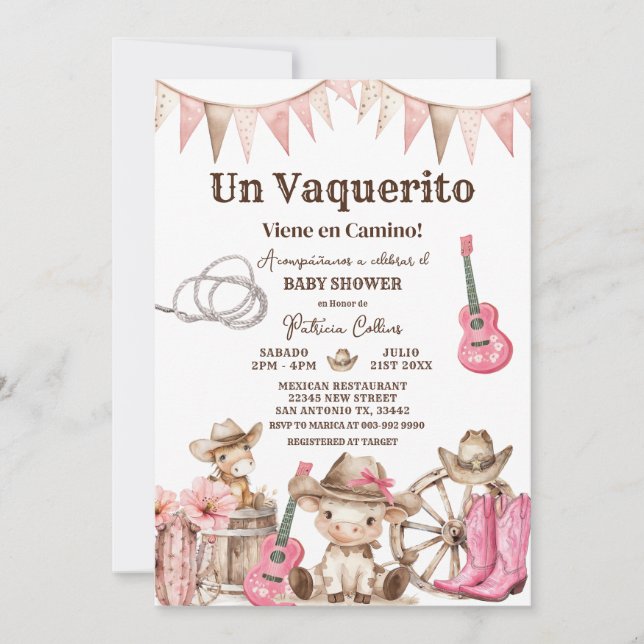 Convite Um Vaquerito Vem a Caminho Menina Chuveiro de Bebê (Frente)