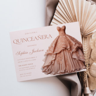 Convite Um vestido Dourado de Rosa encantado Quinceanera