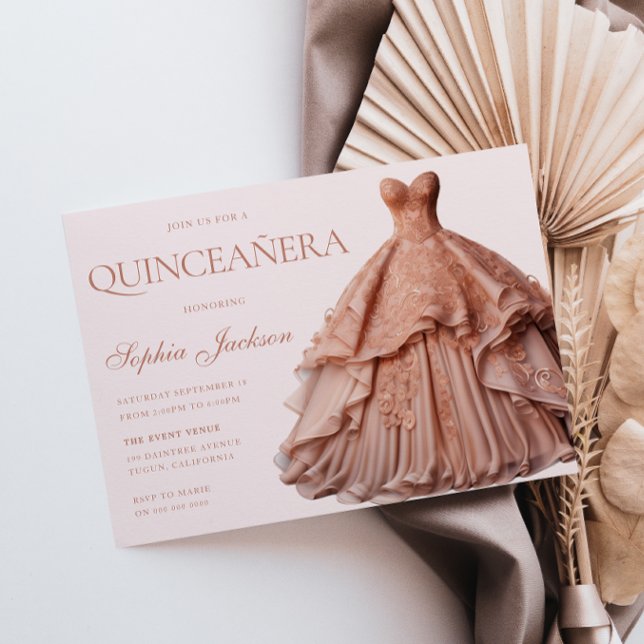 Convite Um vestido Dourado de Rosa encantado Quinceanera (Criador carregado)