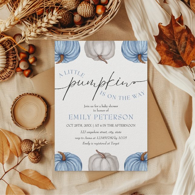 Convite Uma abóbora | Chá de fraldas de queda (little pumpkin is on the way boy baby shower invitation fall themed)