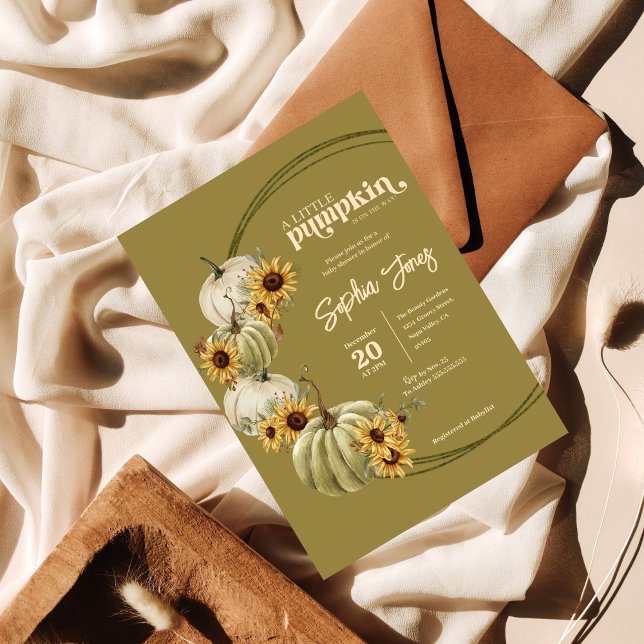 Convite Uma abóbora | Verde | Chá de fraldas de girassóis (Criador carregado)