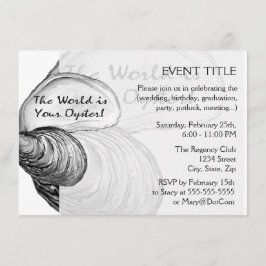 Convite Uma casca de ostras com o ditado "o mundo é o seu