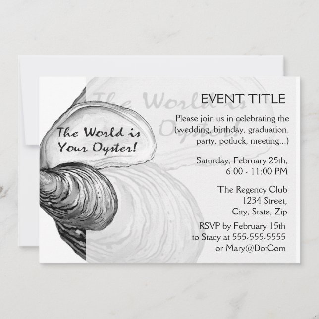 Convite Uma casca de ostras com o ditado "o mundo é o seu (Frente)