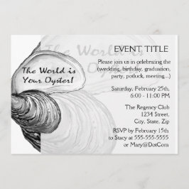 Convite Uma casca de ostras com o ditado "o mundo é o seu