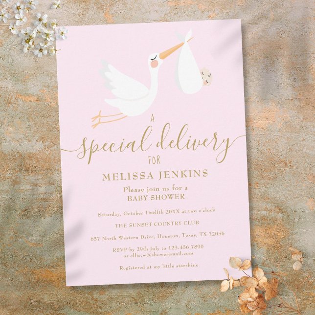 Convite Uma Entrega Especial Cegonha Chuveiro de Bebê Rosa (A Special Delivery Stork Baby Shower / Sprinkle Invitation)