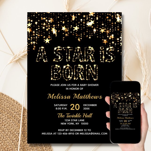 Convite UMA ESTRELA É O Chá de fraldas preto Dourado NASCE (A STAR IS BORN Gold Black Baby Shower Invitation)