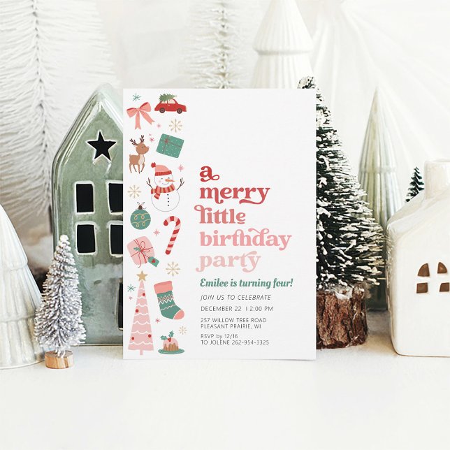 Convite Uma Feliz de Festa de aniversário de Natal Rosa (A Merry Little Birthday Party pink and red invitation for girl December Christmas Holiday birthday)