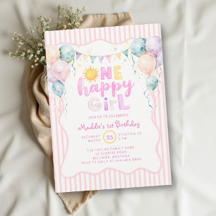 Convite Uma Feliz Menina Balões Pastel Sol Aniversário de