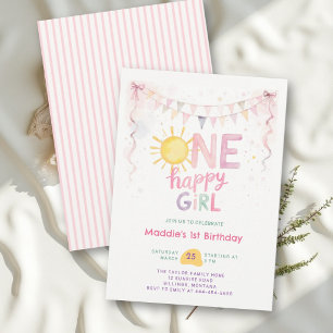 Convite Uma Feliz Menina Rosa Pastel Sol Menina 1º Anivers
