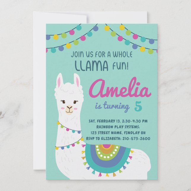 Convite Uma Festa De Aniversário Bonita De Llama Em Qualqu (Frente)